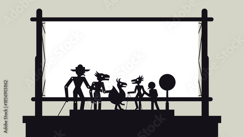 Shadow puppets of figures and mythical creatures on a stage.