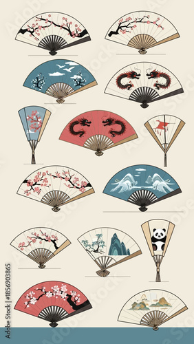 Collection of decorative fans featuring traditional Asian motifs and designs.
