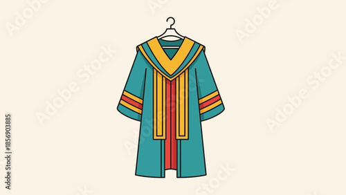 Graduation gown on a hanger with decorative stripes.