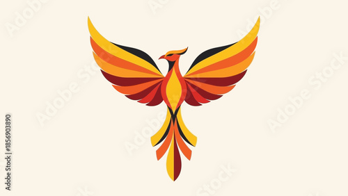Stylized phoenix with outstretched wings in warm colors.