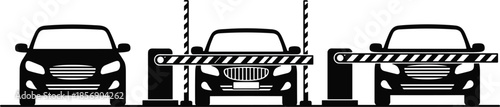 Black car silhouette vector set at parking entrance toll gate with security barriers and automatic boom gates isolated on white background.