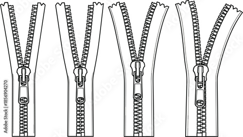 Black and white zipper vector icon set with different open positions and metal sliders isolated on white background for clothing design elements.