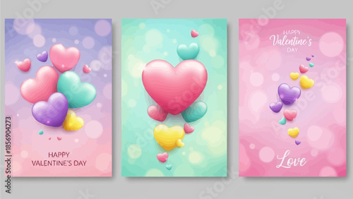 Colorful Heart-Shaped Balloons Floating in the Air on Valentine's Day Cards