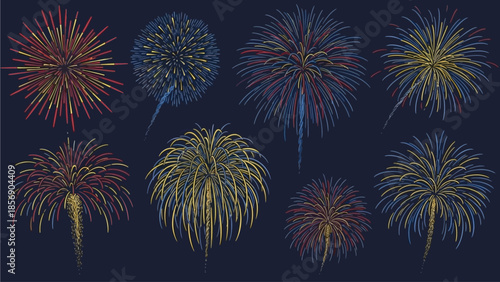 Vibrant Collection of Exploding Fireworks Bursts, a Spectacular Vector Illustration Set for Festive Celebrations and Night Sky Displays