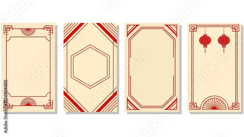 Elegant set of four traditional Asian-style decorative frames with ornate red borders and classic cultural motifs for design templates