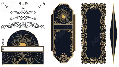 An ornate collection of decorative frames and elements in gold on a black and white background