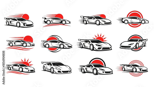 Collection of sports car illustrations showcasing various motion effects and dynamic visuals
