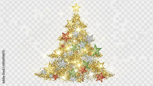 A festive christmas tree decorated with colorful stars and lights on a transparent background for holiday celebrations and decorations
