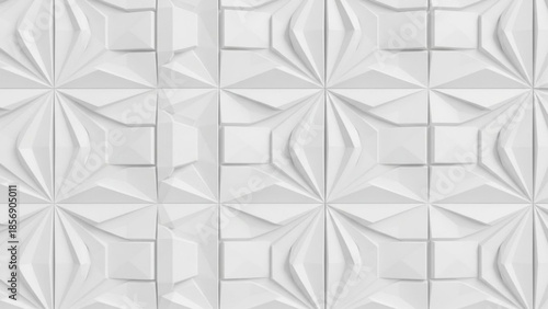 A closeup view of a white 3d panel wall with geometric patterns and shapes