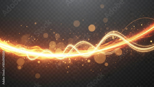 Vibrant orange light trails swirling in a dynamic pattern across a dark background with scattered bokeh effect