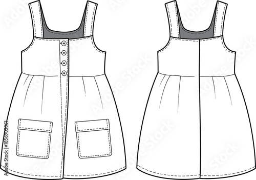 White button front pinafore dress for women, casual sleeveless summer sundress with pockets vector fashion sketch
