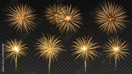 Vibrant golden fireworks exploding in the night sky with bright yellow and orange hues on a transparent background