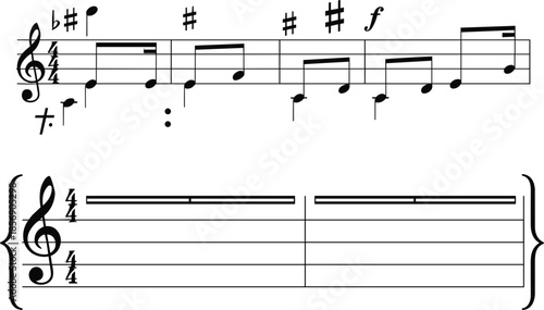 Musical notes and staff notation vector set with treble clef and melody lines isolated on white background for classical music education and creative composition.