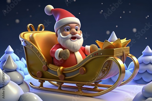 Jolly Santa Claus riding in golden sleigh through snowy night