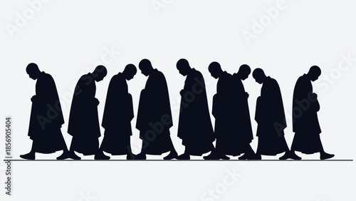 Silhouettes of monks in robes walking in a line with heads bowed.
