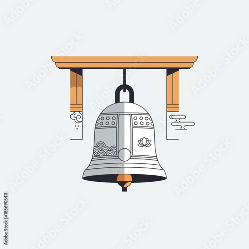 Ornate bell hanging from wooden structure with decorative elements.