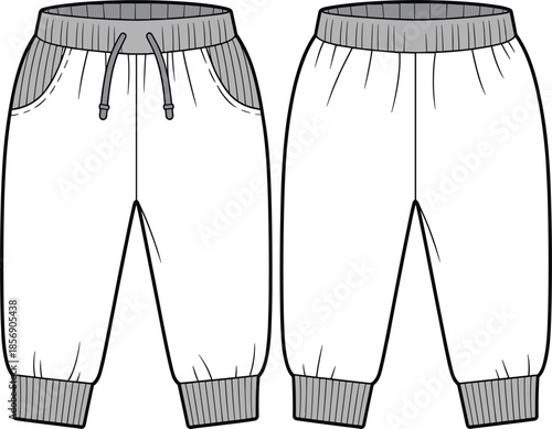 Baby joggers sweatpants vector, infant drawstring lounge pants with ribbed cuffs fashion technical sketch