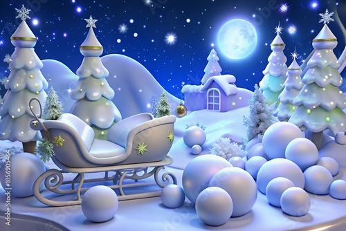 Magical winter wonderland with sleigh and snow ornaments under starry night sky