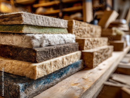 Close-up view showcasing different types of natural fiber insulation products arranged in a workshop, highlighting various environmentally-friendly choices for eco-conscious home renovations.