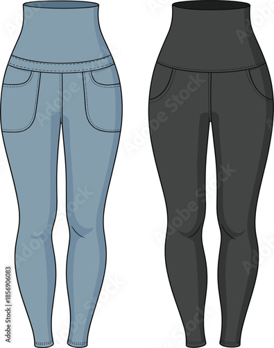 Women's high waisted denim leggings set, blue and black skinny jeggings with pockets technical fashion sketch