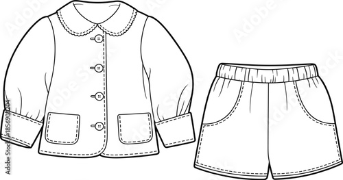 Baby button front jacket and shorts set, infant long sleeve coat and elastic waist trousers technical fashion sketch vector