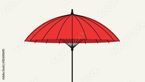 A red umbrella with black accents and a black handle.
