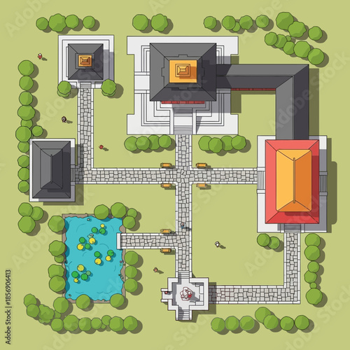Overhead view of a traditional Asian temple complex with gardens and a pond.