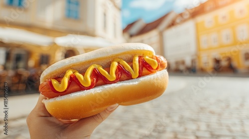 Person holding grilled sausage sandwich topped with condiments in sunny outdoor setting