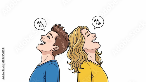 Two people laughing together with speech bubbles saying HA HA