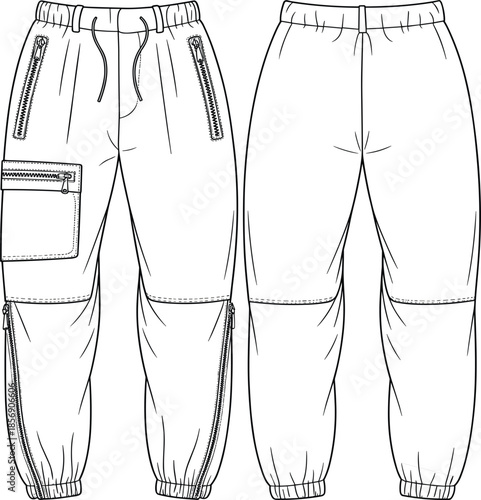 Men's utility jogger pants with cargo pockets, casual drawstring sweatpants technical fashion sketch vector