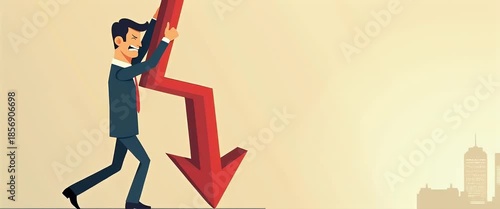 Businessman bankrupt recession loss business vector concept illustration. Man pushed red arrow downward. Failure pressure market cut crisis. Economy debt fall rate. Risk investment currency price. con