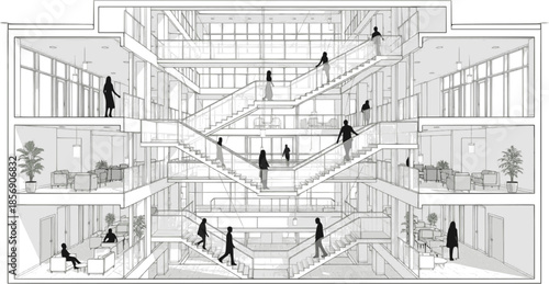 Architectural sketch of a multi level building with stairs and people