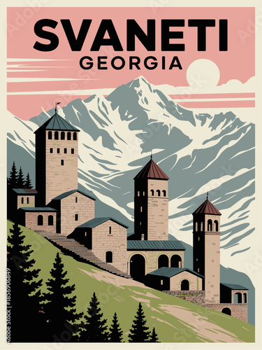 Retro travel poster of Svaneti, Georgia, featuring medieval stone towers, dramatic Caucasus peaks, and muted vintage colors.