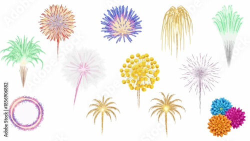 Collection of various festive fireworks displays in different colors and shapes