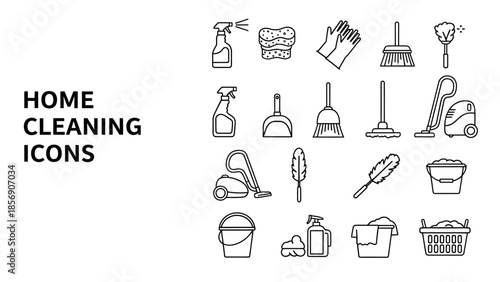 Set of Outline Icons for Home Cleaning, Domestic Chores, and Household Tasks – Featuring Essential Tools and Supplies