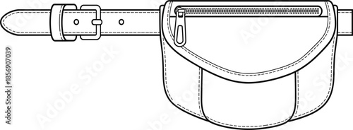 Leather waist bag with adjustable belt vector, casual fanny pack with zipper closure and buckle technical sketch