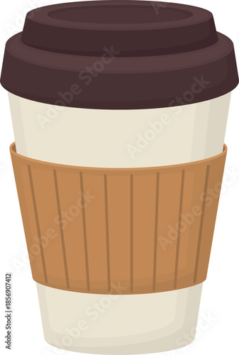 Illustration of paper coffee cup with plastic lid. Disposable takeaway drink container isolated on white background