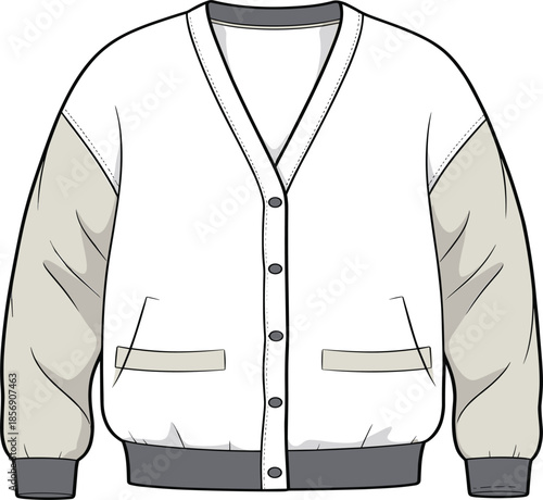 White oversized v neck cardigan with grey contrast sleeves, cozy button down knitted sweater vector