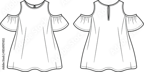 White off the shoulder mini dress with ruffle sleeves, casual summer sundock technical fashion sketch
