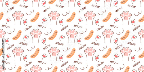 Seamless pattern with cat pink paws, sausages, and hearts. Design for packaging cat food, pet textiles, or cute baby products. Minimalistic graphic pattern for cat lovers.