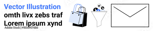 E-commerce, data strategy, digital advertising, marketing campaigns, email communication, online shopping. Shopping bag, funnel sorting icons and an envelope. E-commerce and data strategy concept