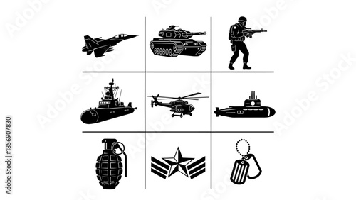 Comprehensive collection of military vector icons featuring various armed forces equipment, vehicles, weaponry, and symbols for defense and combat themes