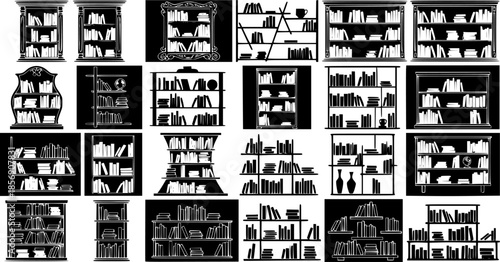 Elegant Living Room Bookshelf Silhouette Set with Stacked Books and Decor for Modern Interior Concepts and Libraries