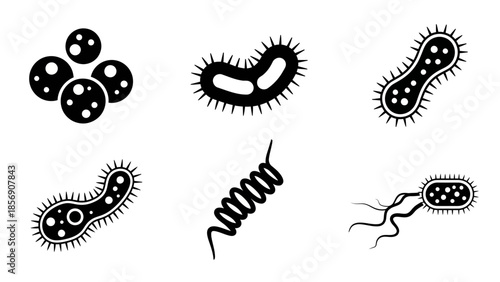 Set of Diverse Bacteria and Microbe Icons in Black and White