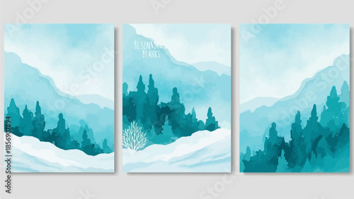 Tranquil Winter Wonderland Triptych A Set of Three Blue Watercolor Artworks Depicting Snow-Covered Mountains and Evergreen Forests