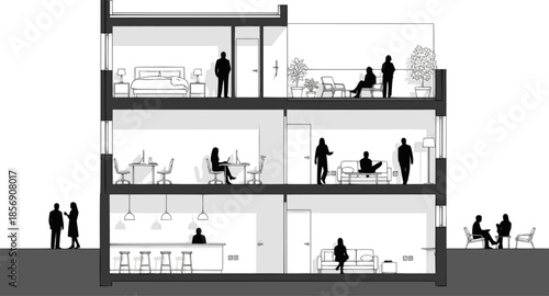 Architectural section drawing of a modern multi story building with people depicted on each floor