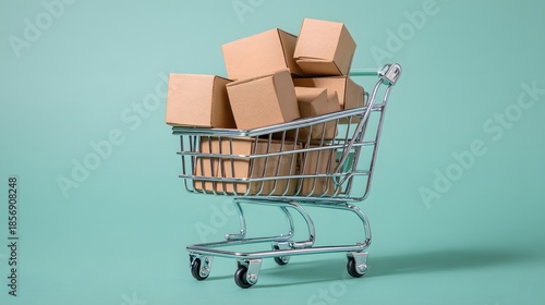 Shopping cart overflowing with cardboard boxes, representing online orders and deliveries.