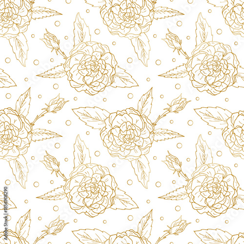 Golden outline rose flower with a seamless pattern of leaves and dots. Elegant floral silhouette print. Luxurious floral background for wedding invitations or holiday cards.