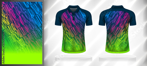 Vector sport pattern design template for Polo T-shirt front and back with short sleeve view mockup. Dark and light shades of blue-green-pink color gradient abstract grunge line texture background.