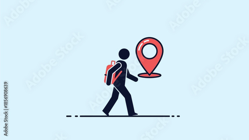 A person with a backpack walks past a location marker pin icon on a light blue background
